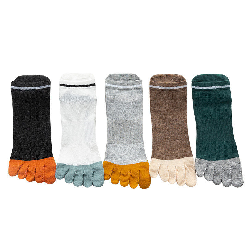 Five pairs of toe socks in black, white, gray, brown, and green on a white background.