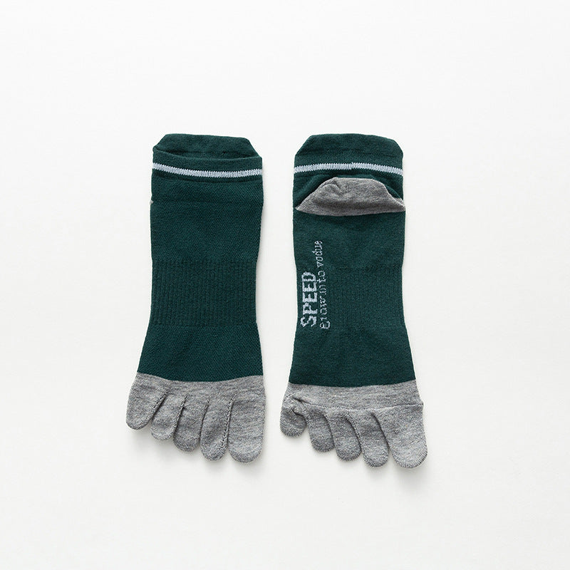 Pair of green and gray toe socks on a white background