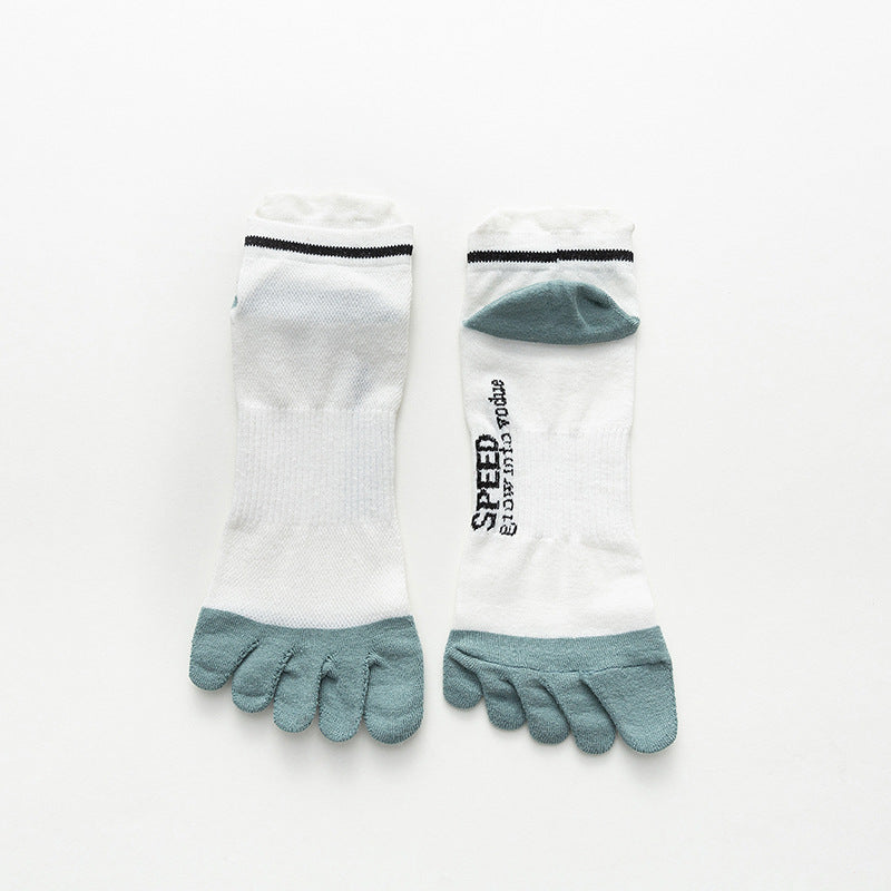 Pair of white and gray toe socks with 'Speed' branding on a white background
