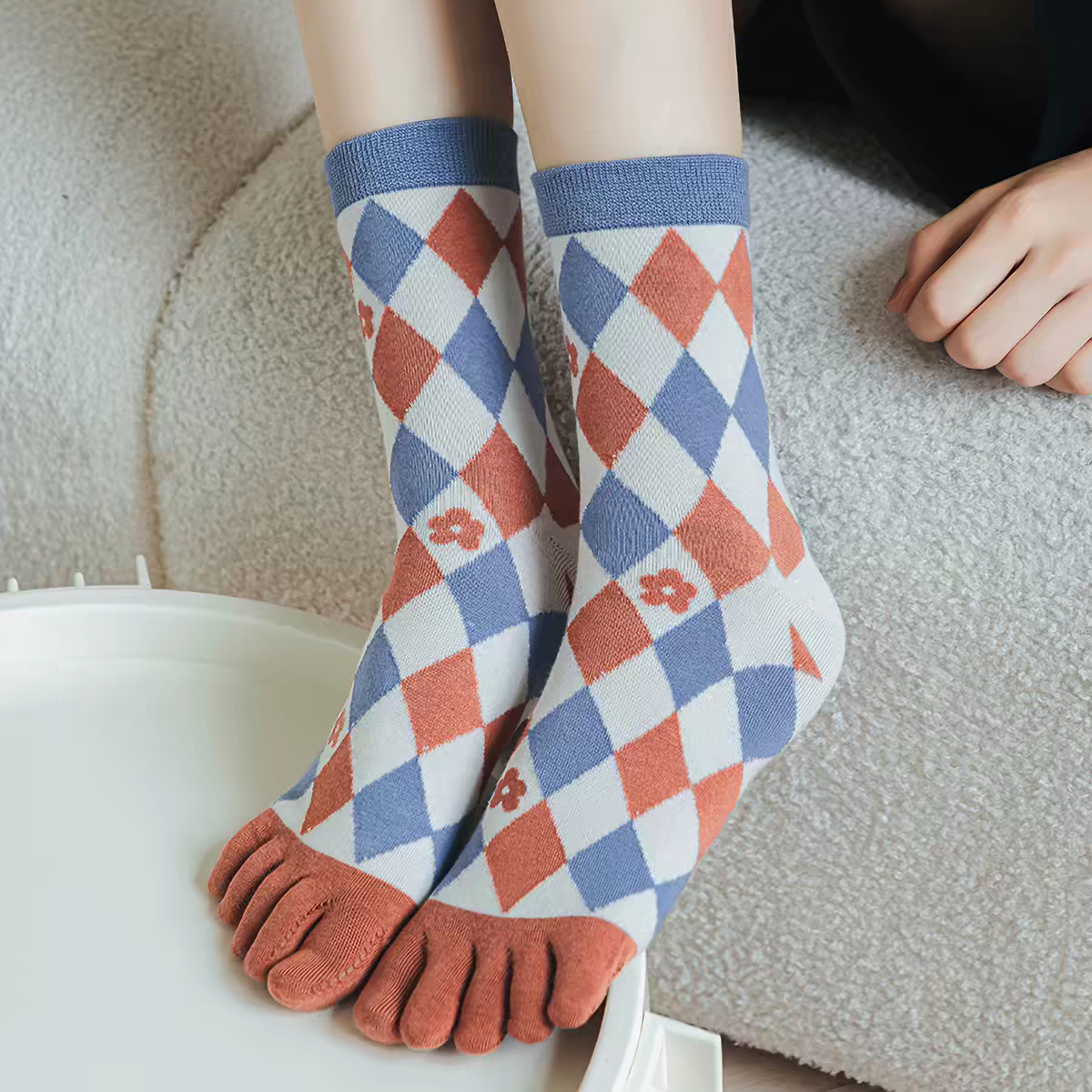 Blue Blossom & Plaid 3-Pair Toe Socks Set