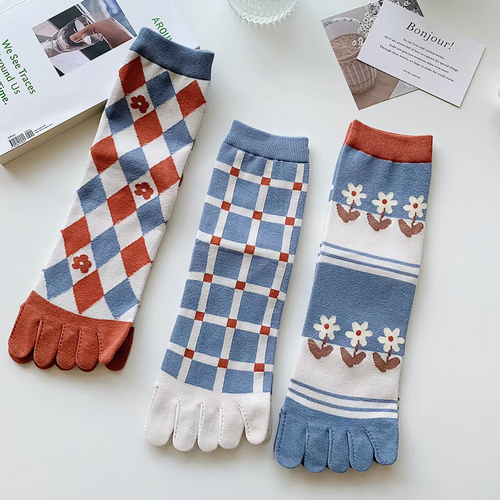 Blue Blossom & Plaid 3-Pair Toe Socks Set