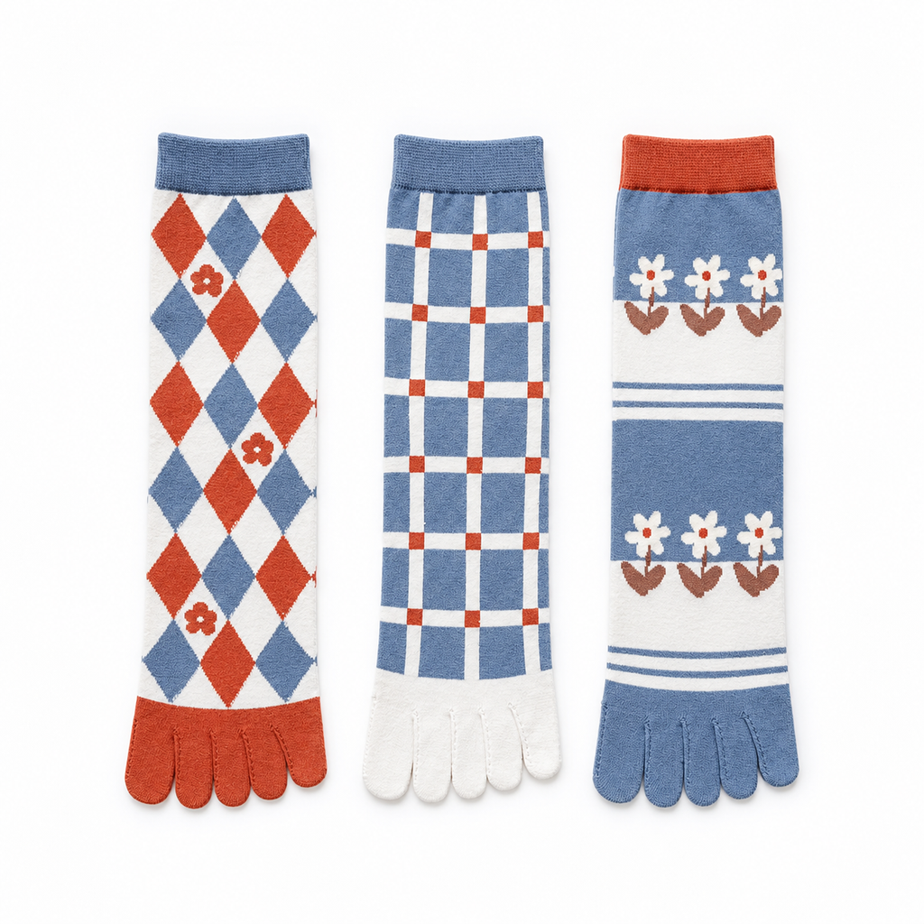 Blue Blossom & Plaid 3-Pair Toe Socks Set
