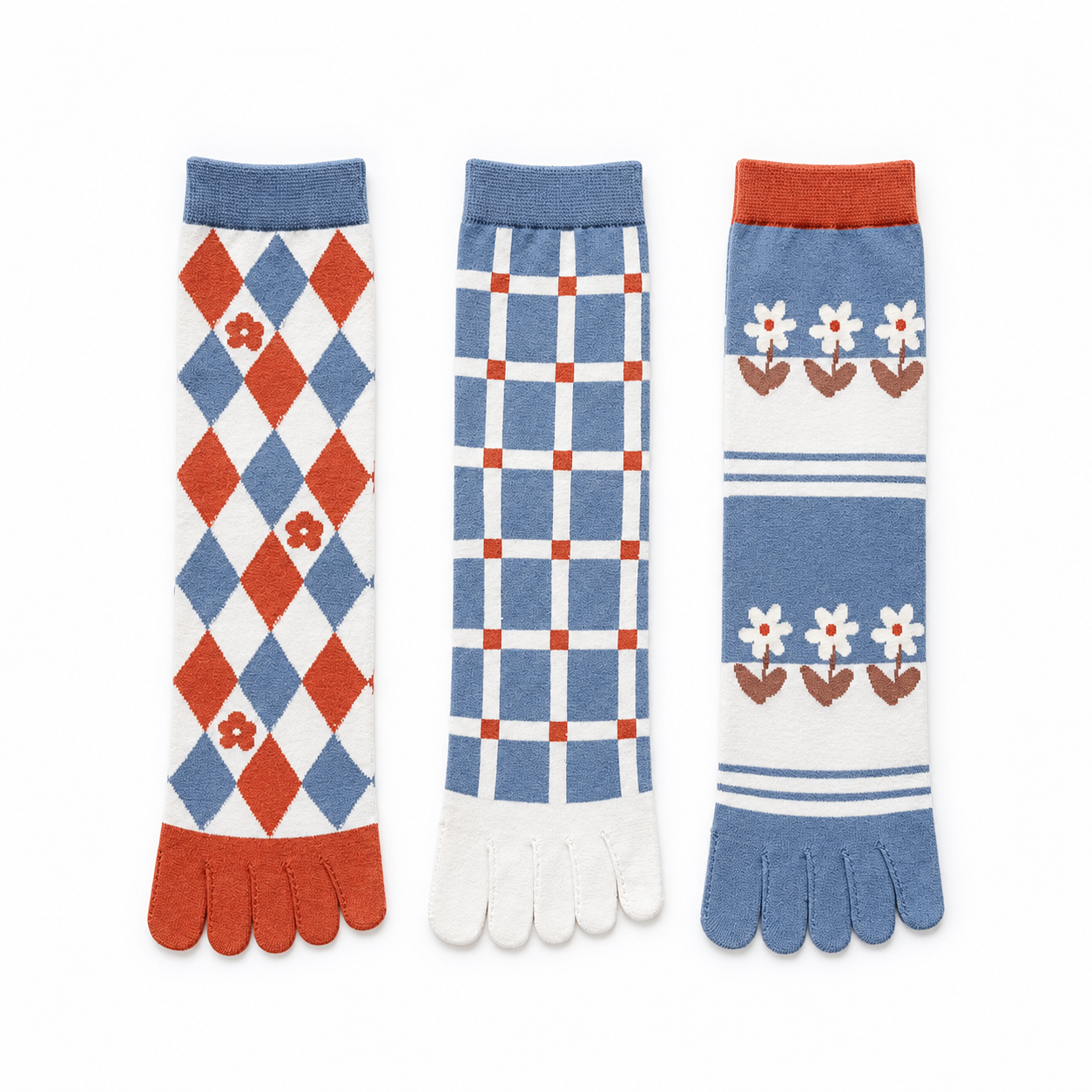 Blue Blossom & Plaid 3-Pair Toe Socks Set