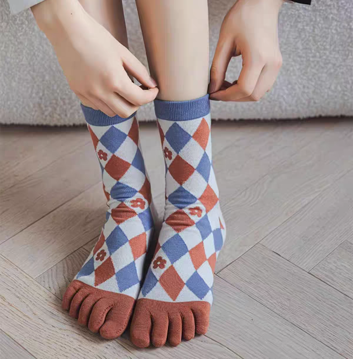 Blue Blossom & Plaid 3-Pair Toe Socks Set