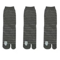 Three pairs of gray striped socks with cat paw prints on a white background.