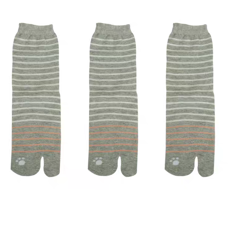 Three pairs of gray striped socks with paw prints on a white background.