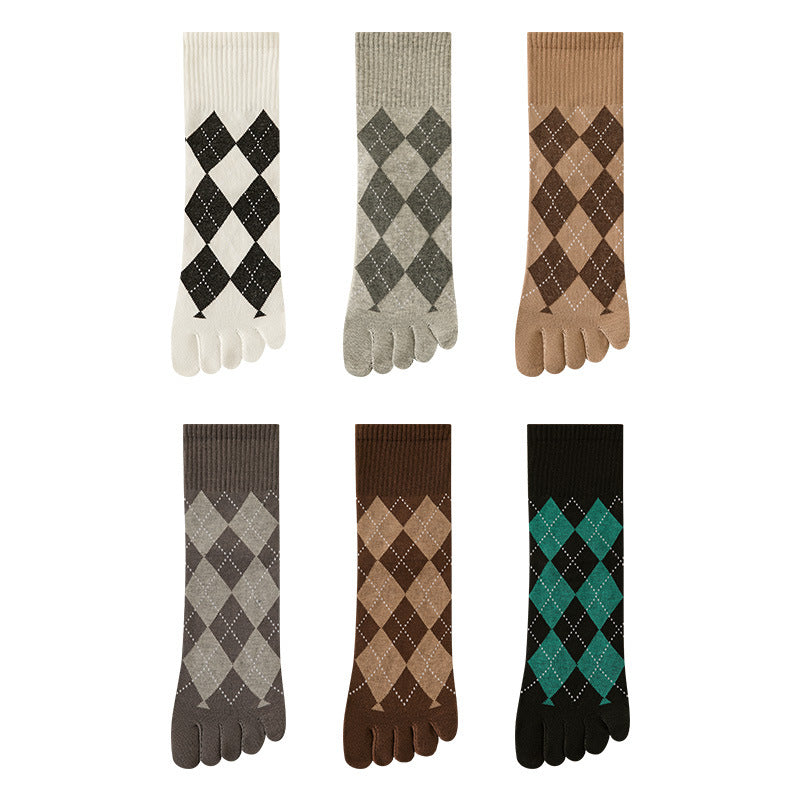 Set of six pairs of argyle patterned socks in different colors on a white background