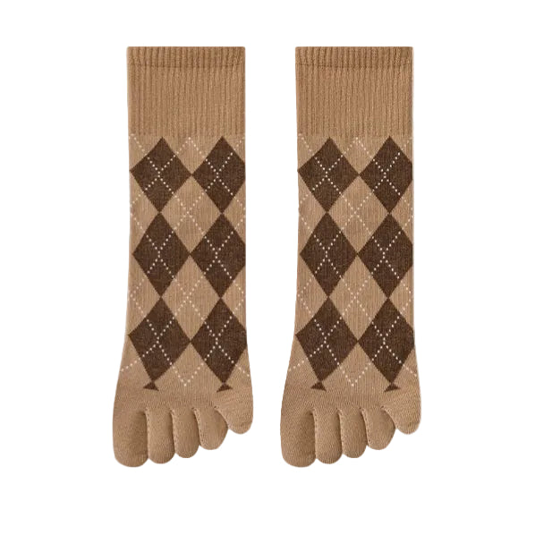 Pair of brown argyle patterned toe socks on a beige background
