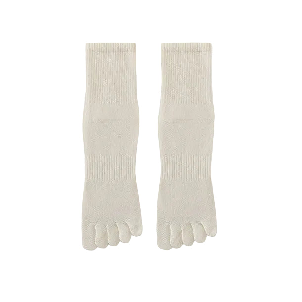 Pair of white five-finger socks with text on a beige background