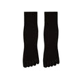 Black five-finger socks with text on a beige background