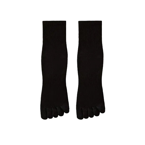 Black five-finger socks with text on a beige background