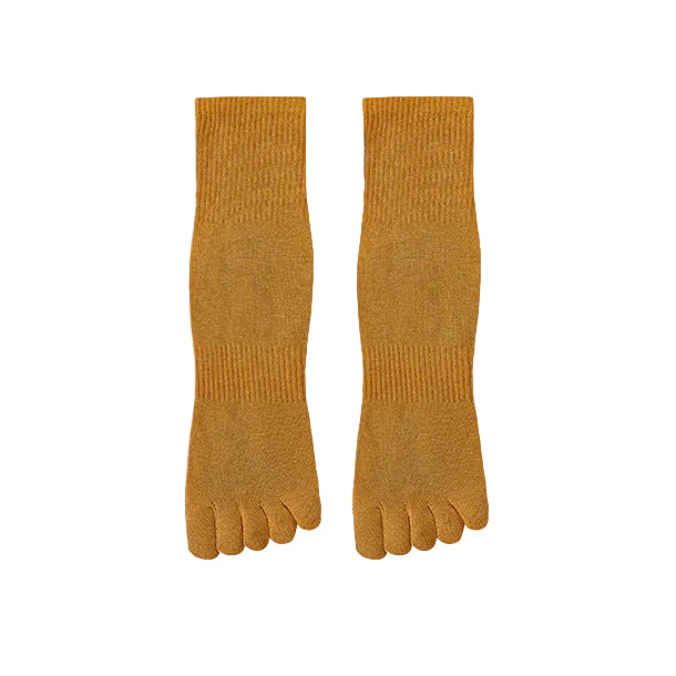 Pair of mustard yellow five-finger socks on a beige background with text and fabric close-up.
