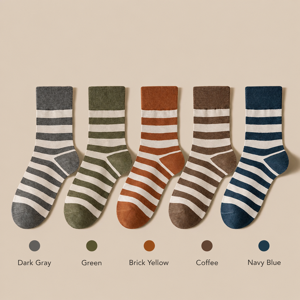 Five pairs of striped socks arranged side by side on a beige background, with color labels below: Dark Gray, Green, Brick Yellow, Coffee, and Navy Blue. Each sock has horizontal stripes and a solid cuff.