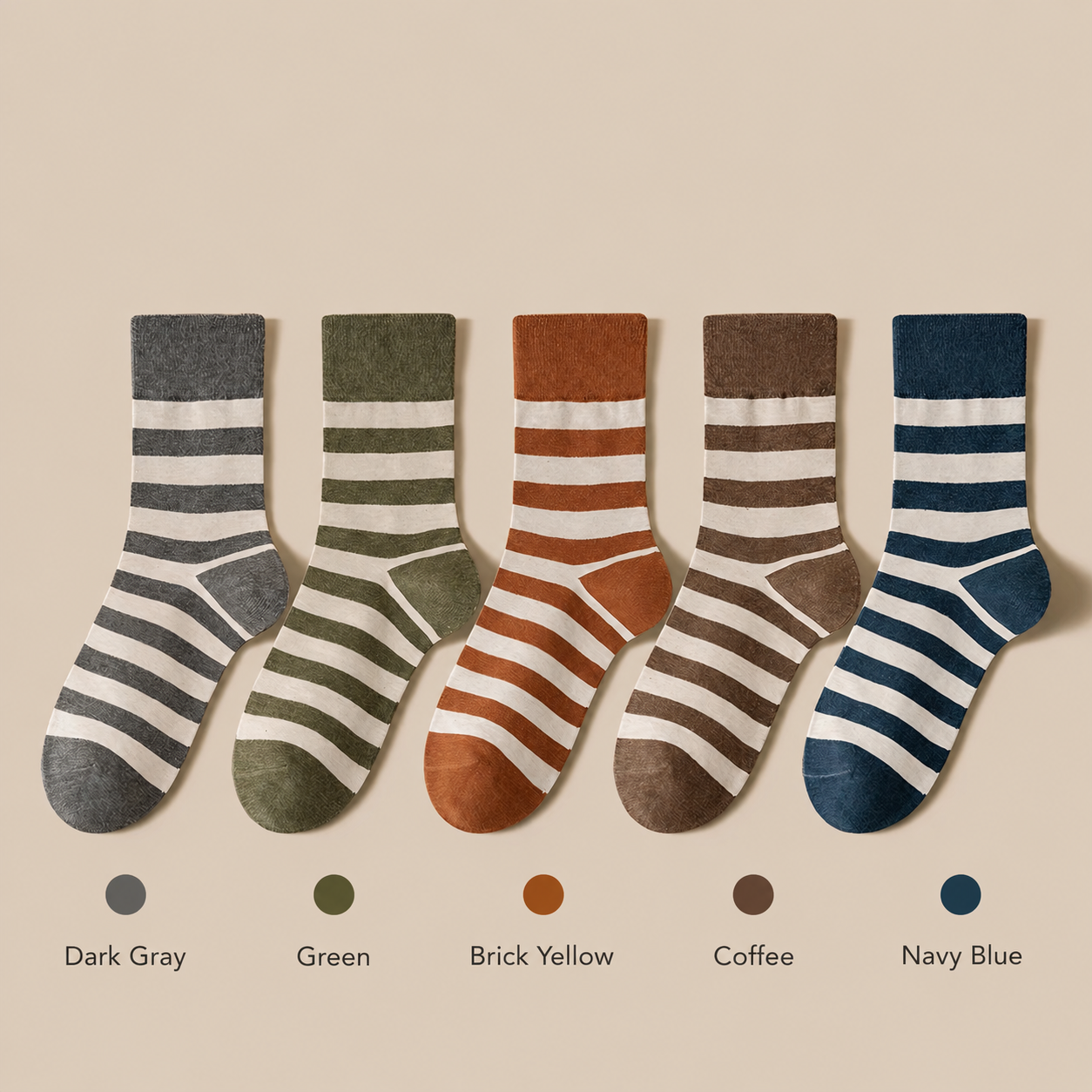 Five pairs of striped socks arranged side by side on a beige background, with color labels below: Dark Gray, Green, Brick Yellow, Coffee, and Navy Blue. Each sock has horizontal stripes and a solid cuff.