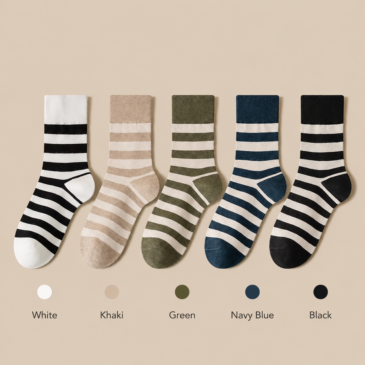 Five pairs of striped crew socks displayed side by side on a beige background, with color labels below: White, Khaki, Green, Navy Blue, and Black.