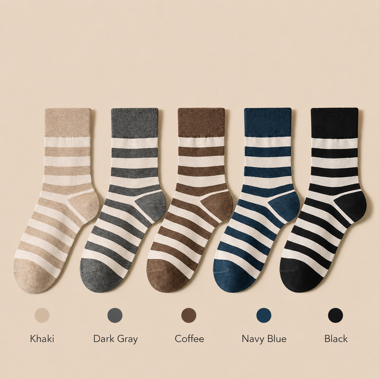 Five pairs of striped socks displayed side by side on a warm beige background, with color labels and circular swatches below: Khaki, Dark Gray, Coffee, Navy Blue, and Black.