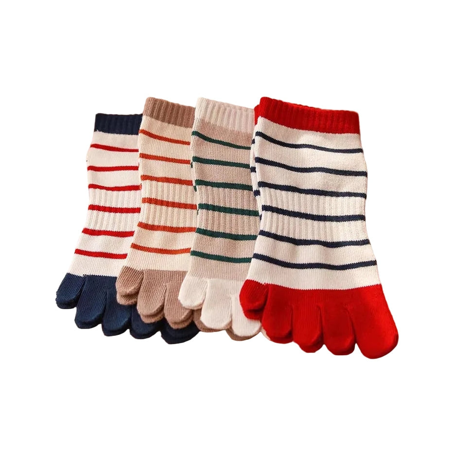 Set of five colorful striped toe socks on a white background
