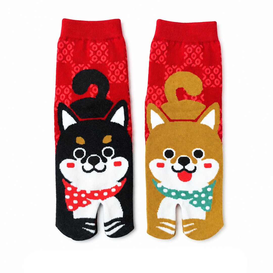 Shiba Inu split-toe socks with red and white patterns on a white background