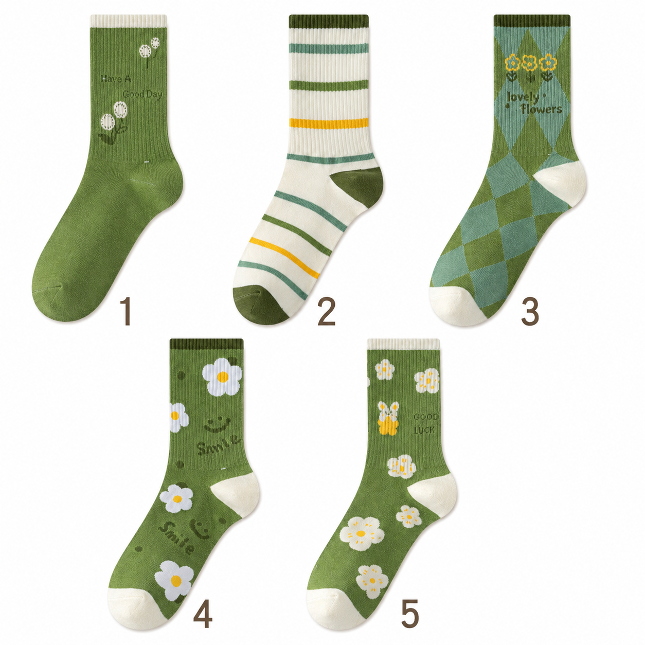 Five pairs of green patterned crew socks shown on a white background, numbered 1 to 5. 
