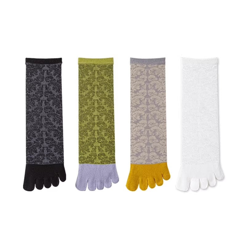 Four pairs of multicolored toe socks on a white background with text labels.