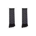 Pair of black and gray patterned five-finger socks on a white background