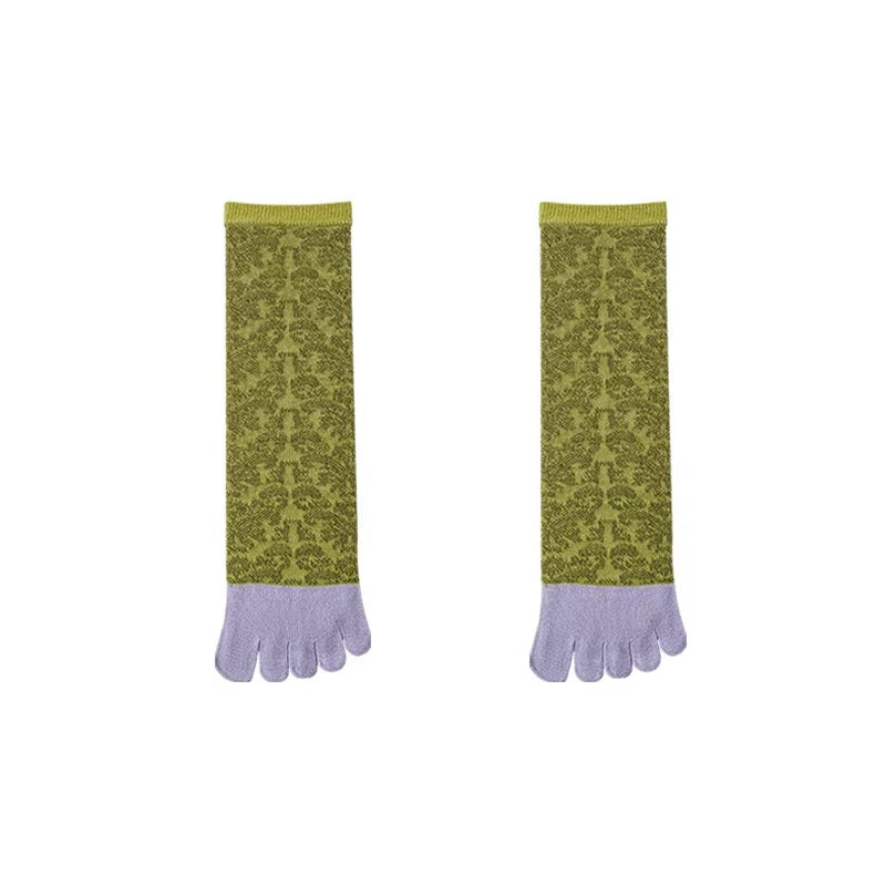 Pair of green and purple five-finger socks on a white background with text.