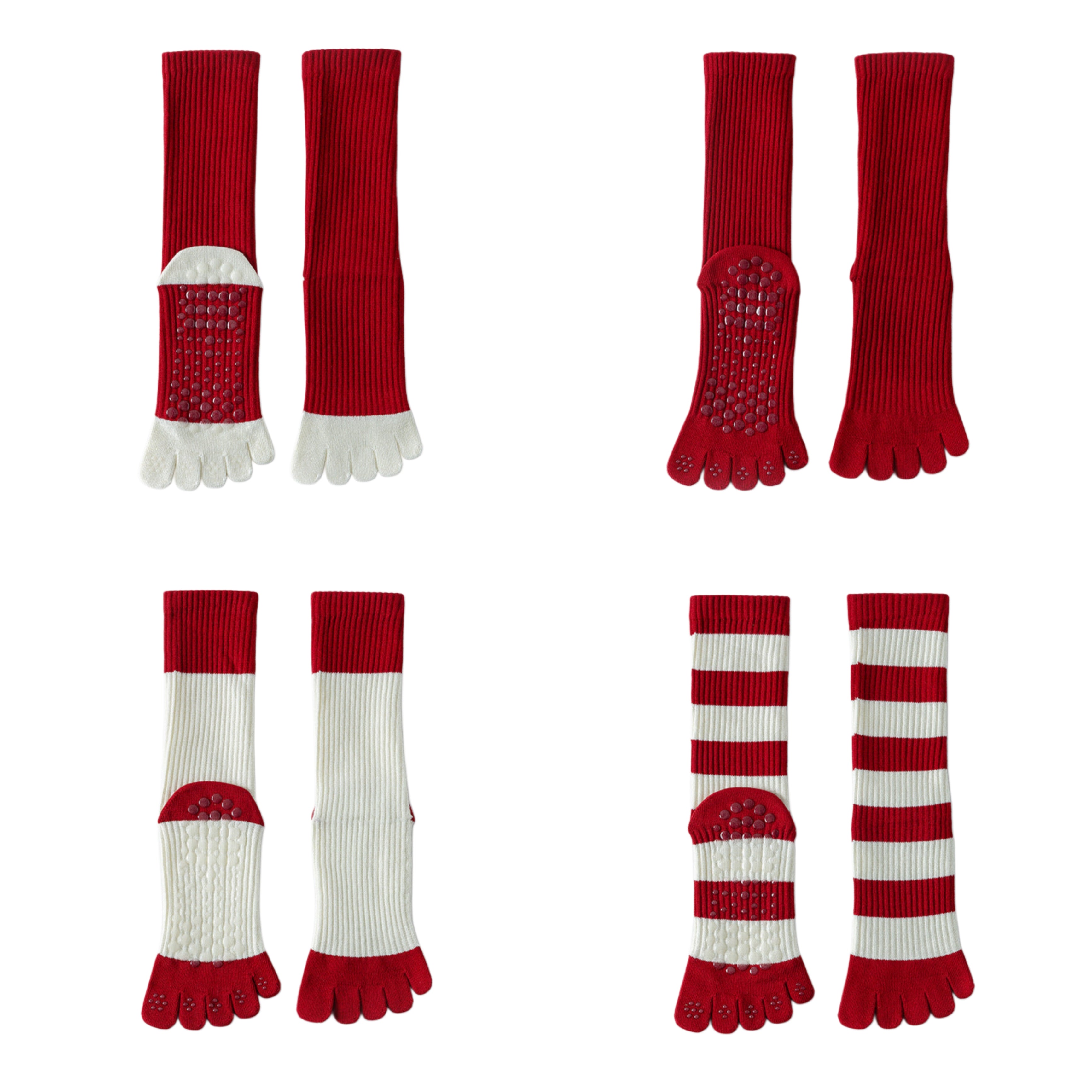 Collection of red and white toe socks on a white background