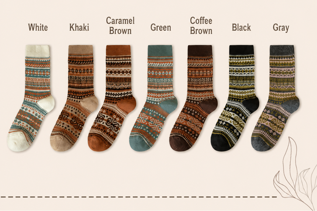 A color selection chart showing eight pairs of patterned socks labeled White, Khaki, Caramel Brown, Green, Coffee Brown, Black, and Gray,