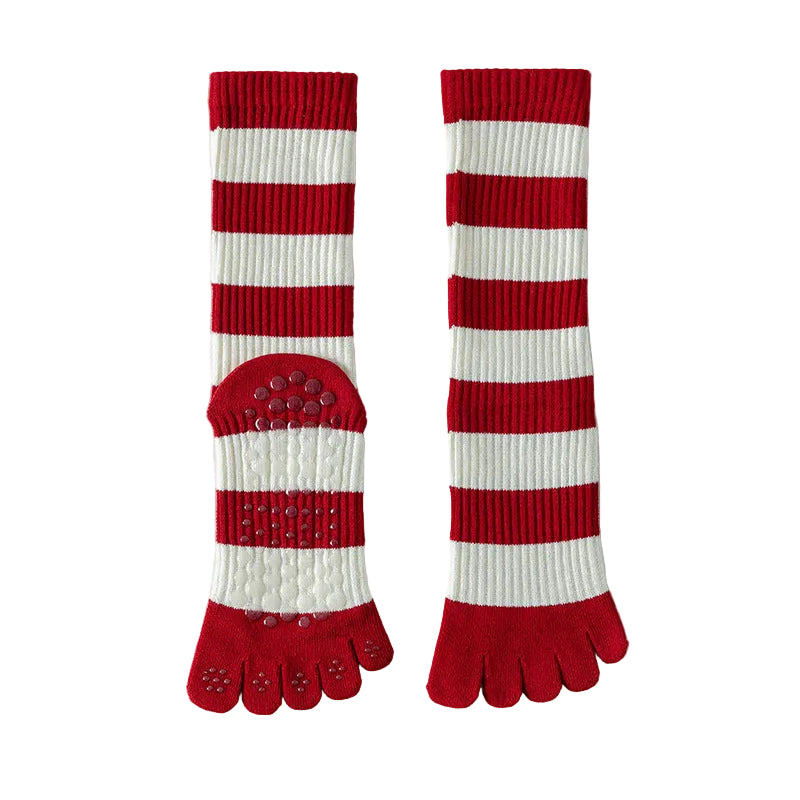 Red and white striped toe socks on a light gray background