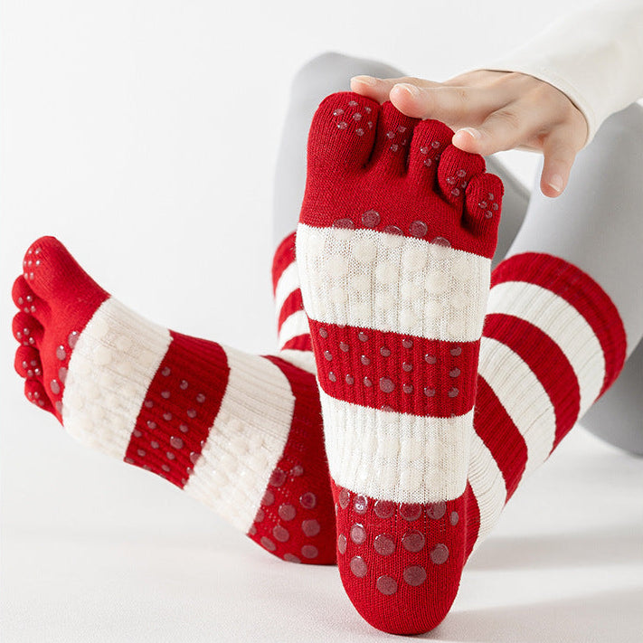 Red and white striped socks with text on a light gray background