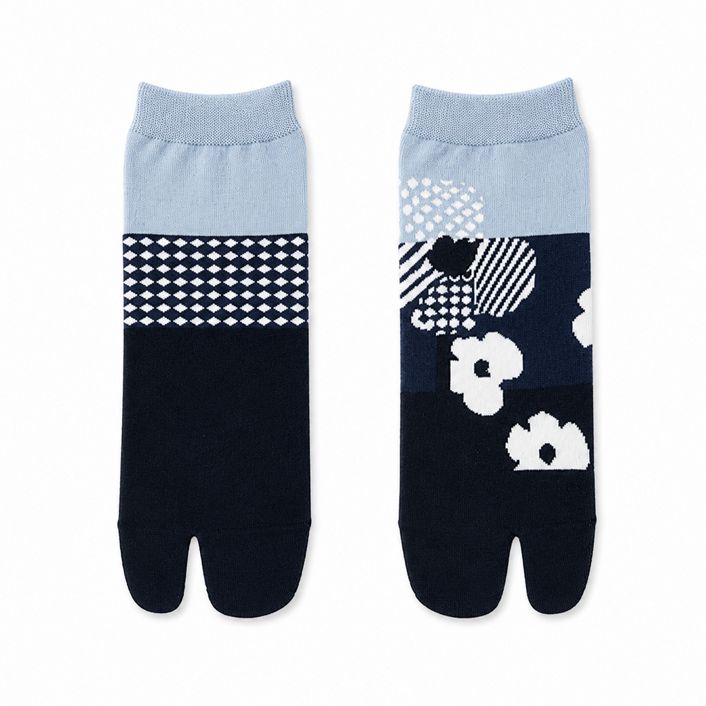 Two pairs of socks with floral and geometric patterns on a white background