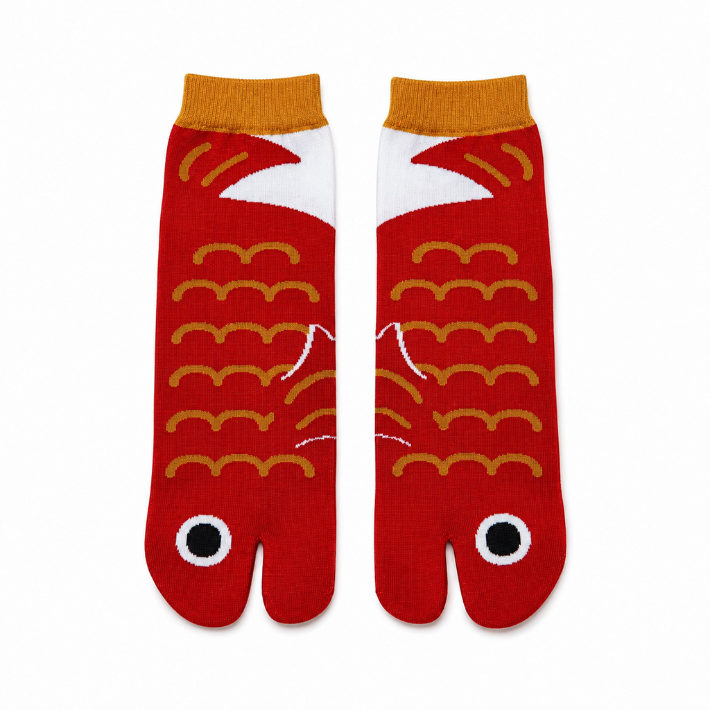 Red tabi socks with gold patterns on a white background