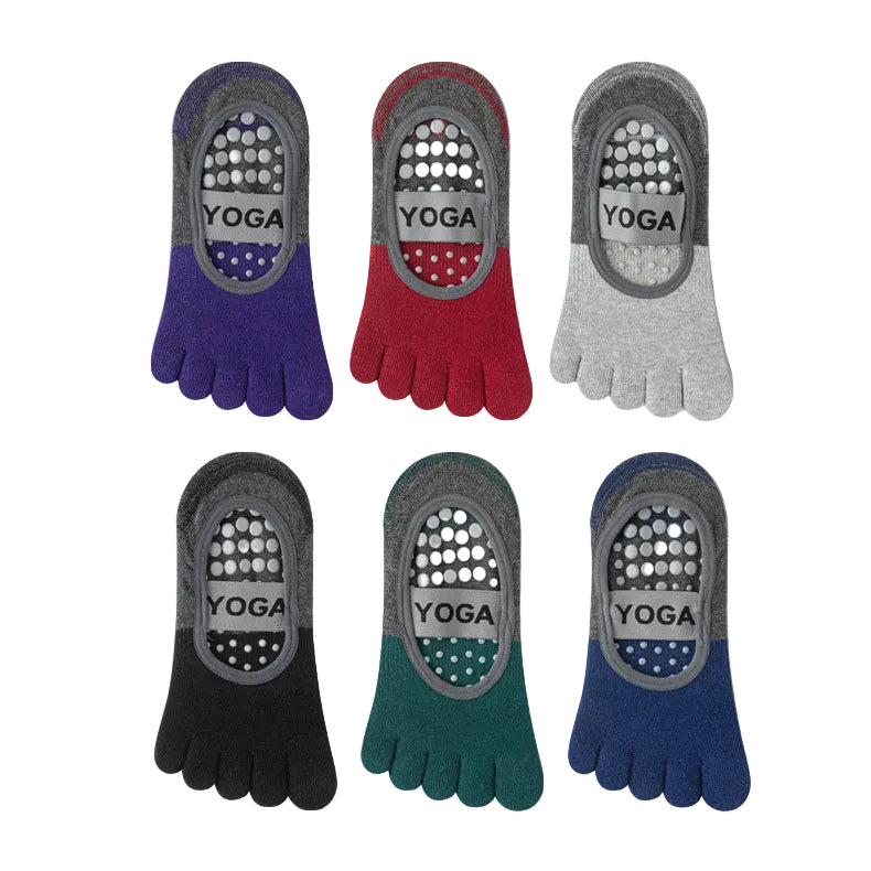 Set of five yoga socks in different colors with 'Yoga' branding on a white background.